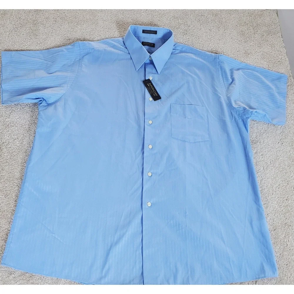 Arrow Men's Button Up Shirt 17 17.5 XL Blue Subtle Stripe Wrinkle Free
